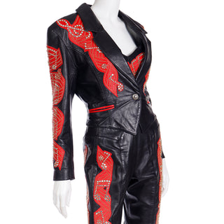 Rock Star Michael Hoban Black & Red Leather Vintage Music Notes Pants Bustier & Jacket