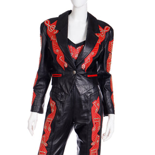 Rare vintage 3pc Rock Star Michael Hoban Black & Red Leather Musical Pants Bustier & Jacket
