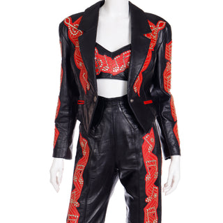 Rock Star Michael Hoban Black & Red Leather Musical Notes Pants Bustier & Jacket 