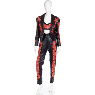 Vintage Rock Star Michael Hoban Black & Red Leather Musical Pants Bustier & Jacket