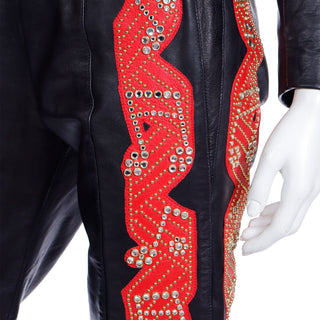 Vintage Rock Star Michael Hoban Black & Red Leather Musical Note 3pc Pants Bustier & Jacket 