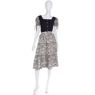 1960s Mid Century Vintage 2 Pc Dress in Black & White Lace Print Skirt & Top