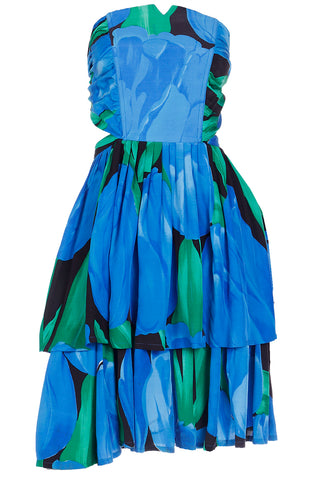 1980s Blue & Green Botanical Print Bustier Dress w Tiered Skirt