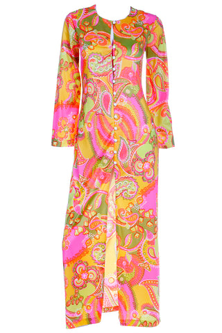1960s Cole of California Mod Bold Pink Yellow & Green Floral Maxi Dress