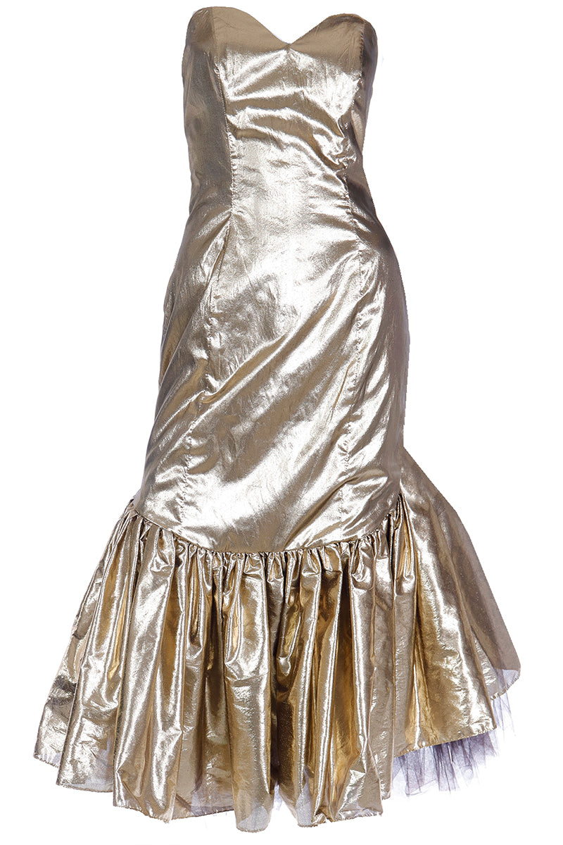 Vintage 80s Gold Lame Strapless Ruffled Evening Dress w Tulle Modig Vintage 80s Gold Lame Strapless Ruffled Evening Dress w Tulle Modig