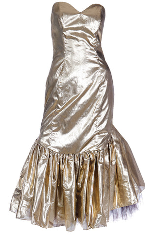 1980s Gold Lame Strapless Ruffled Evening Dress w Tulle