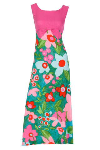 1960s Linen Pink Green & Blue Floral Empire Waist Maxi Dress
