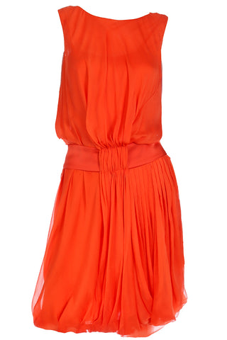 Vintage Italian Orange Silk Chiffon Gathered Sleeveless Dress