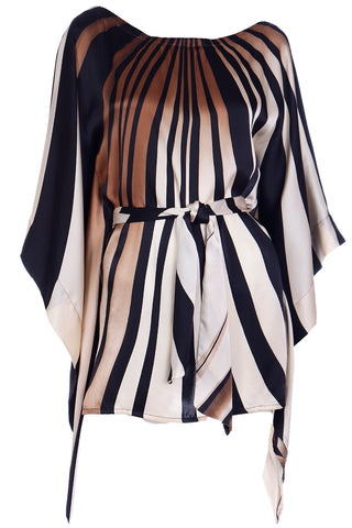 Striped Silk Vintage Caftan Style Top W/ Sash in Brown Black & Ivory
