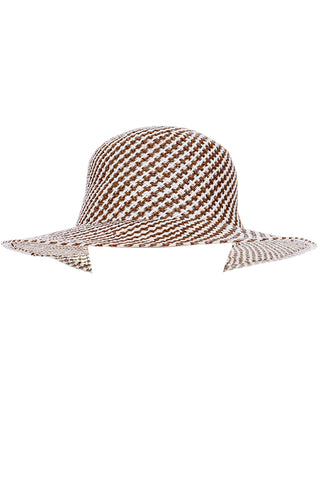 1990s Vintage Brown and White Checked Woven Straw Hat