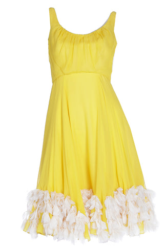 1960s Miss Bergdorf Yellow Silk Chiffon Dress W Silk Faux Feathers