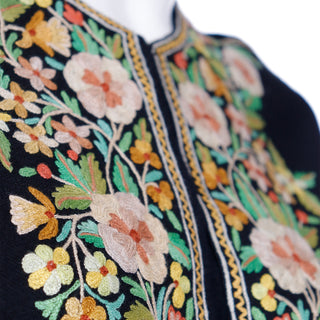 1960s Vintage Black Tunic Top With Fine Aari Kashmiri Hand Embroidery