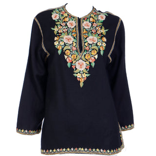 1960s Vintage Black Tunic Top W Fine Aari Kashmiri Embroidery