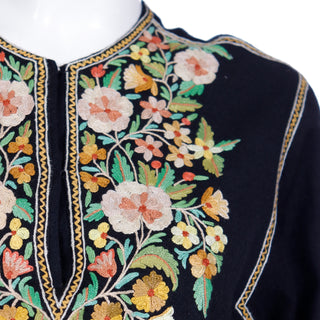 1960s Vintage Black Tunic Top With Fine Aari Kashmiri Embroidery Handwork