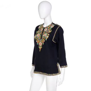 1960s Vintage Black Tunic Top With Fine Aari Kashmiri Floral Embroidery