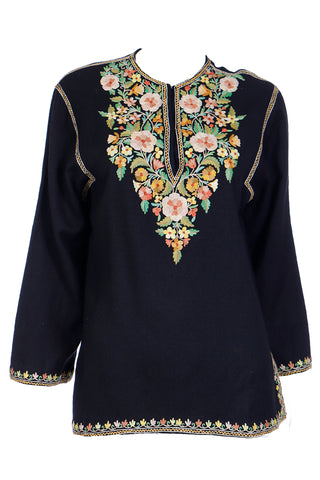 1960s Vintage Black Tunic Top With Fine Aari Kashmiri Embroidery