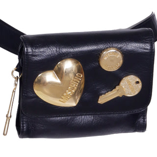 Vintage 1990s Franco Moschino Black Belt Bag W Gold Keys Bottle Cap & Heart