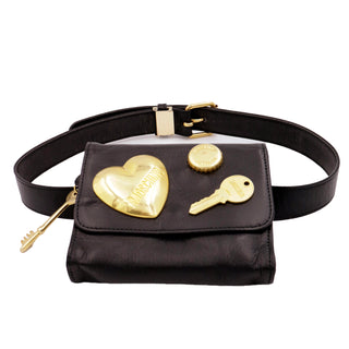 Vintage 1990s Moschino Black Belt Bag W Front Gold Keys Bottle Cap & Heart 