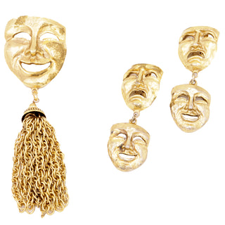 1992 Vintage Moschino Gold Tragedy & Comedy Earrings & Tassel Brooch Set Made in Italy