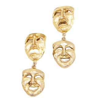 1992 Vintage Moschino Gold Tragedy & Comedy Mask Earrings & Tassel Brooch Set