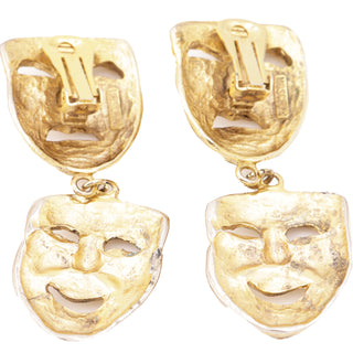 1992 Vintage Moschino Gold Tragedy & Comedy Earrings & Tassel Brooch Mask Set