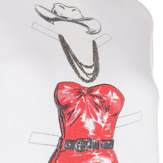 1980s Franco Moschino Paper Doll in Pearls & Cowboy Hat Sweatshirt Top Red Dress