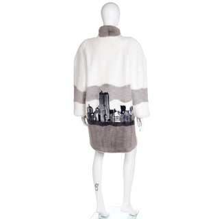 Rare 1980s Vintage NYC Twin Towers Skyline White Grey & Black Faux Fur Coat