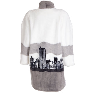 1980s Rare Vintage NYC Twin Towers Skyline White Grey & Black Faux Fur Coat Canada