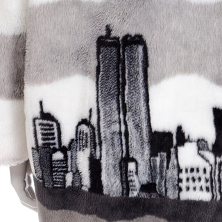 1980s Rare Vintage Manhattan NYC Twin Towers Skyline White Grey & Black Faux Fur Coat