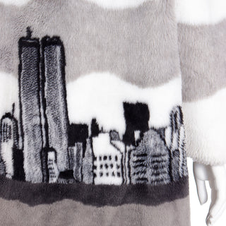 NYC Twin Towers Skyline Vintage White Grey & Black Faux Fur Coat