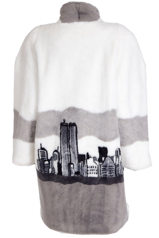 1980s Rare Vintage NYC Twin Towers Skyline White Grey & Black Faux Fur Coat