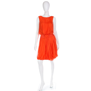 Vintage Italian Orange Silk Chiffon Gathered Sleeveless Dress M