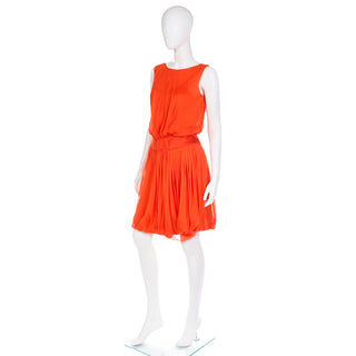 Vintage Orange Silk Chiffon Gathered Sleeveless Italian Dress