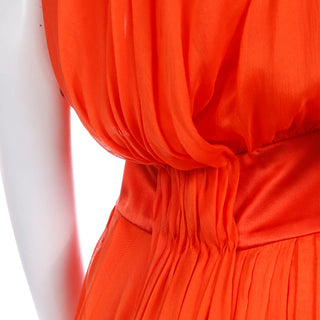Vintage Italian Orange Silk Chiffon Gathered Sleeveless Dress  with beautiful details