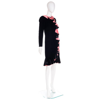 80s Oscar de la Renta Vintage Black Velvet Dress w Pink Satin Ruffles