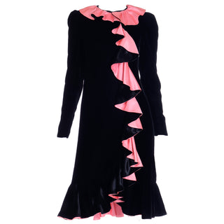 1980s Oscar de la Renta Vintage Black Velvet Dress w Pink Satin Flouncy Ruffles