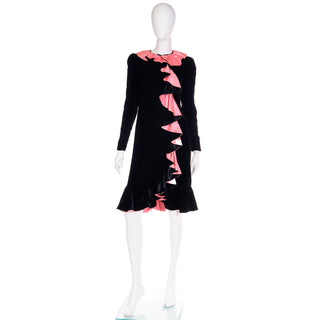 1980s Oscar de la Renta Vintage Black Velvet Dress w Pink Satin Ruffles L/S