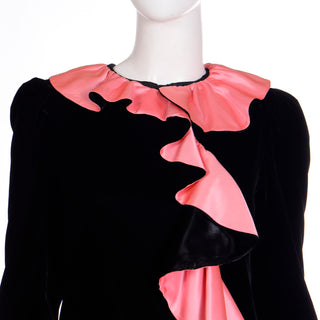 Oscar de la Renta Vintage Black Velvet Dress w Pink Satin Ruffles