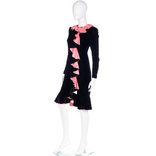 1980s Oscar de la Renta Vintage Black Velvet Dress w Pink Satin Ruffles S/M