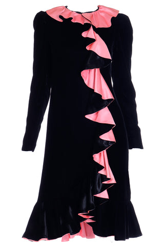 1980s Oscar de la Renta Vintage Black Velvet Dress w Pink Satin Ruffles