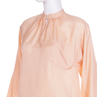 1970s Vintage Peach Day Dress With Band Collar & Rolled Tab Sleeves with Keyhole opening