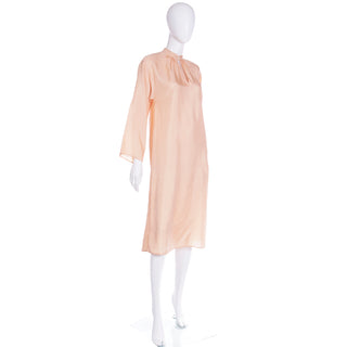 1970s Vintage Peach Day Dress With Band Collar & Rolled Tab Bell Sleeves