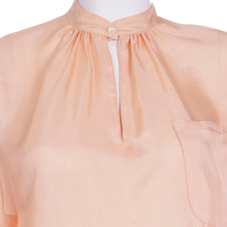 1970s Vintage Peach Day Dress With Band Collar & Keyhole opening w Rolled Tab Sleeves 