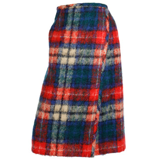 1970s Mohair Red & Blue Plaid Vintage Wrap Skirt with lining