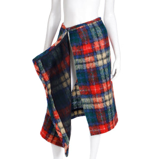 1970s Mohair Red & Blue Plaid Vintage Wrap Skirt lined