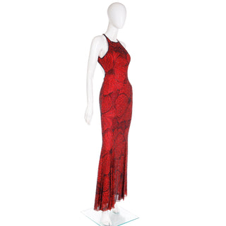 Vintage Red Halter Dress Evening Gown With Black Beaded Flowers