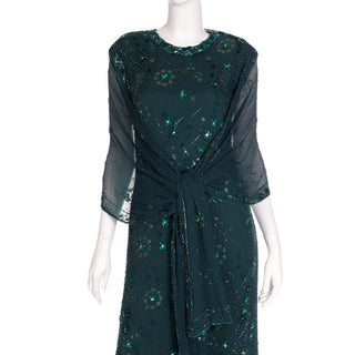 1980s Richilene Dark Green Long Dress Vintage Beaded Evening Gown w Shawl
