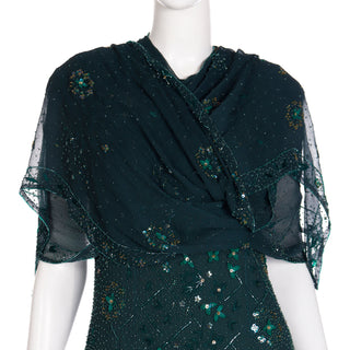 Vintage 1980s Richilene Dark Green Long Dress Vintage Beaded Evening Gown w Wrap