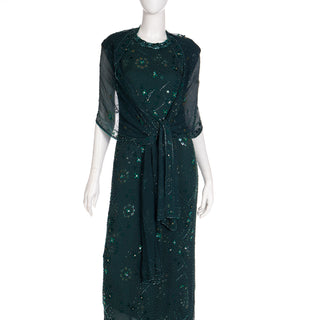 1980s Richilene New York Dark Green Long Dress Vintage Beaded Evening Gown