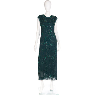 1980s Richilene Dark Green Long Dress Vintage Beaded Evening Gown Large